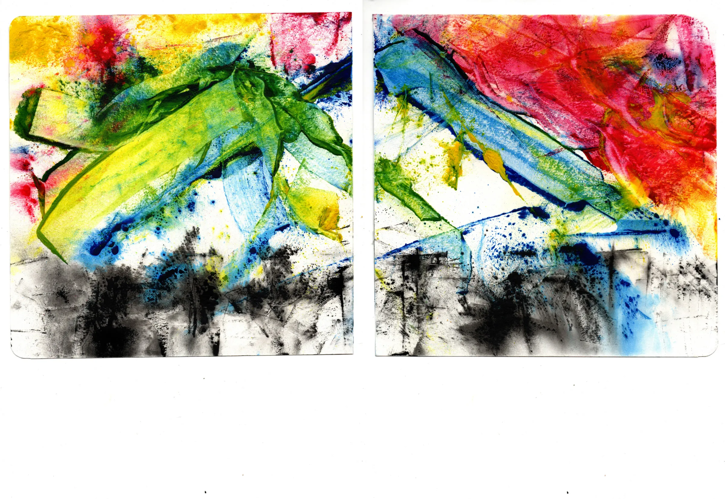 Cromática, Diaspórica y Arrecha! — díptico CDA_BASE_08 + CDA_BASE_04, silhueta de Caracas formada pelas duas peças-base lado a lado, toner CMYK fundido com calor sobre papel watercolor