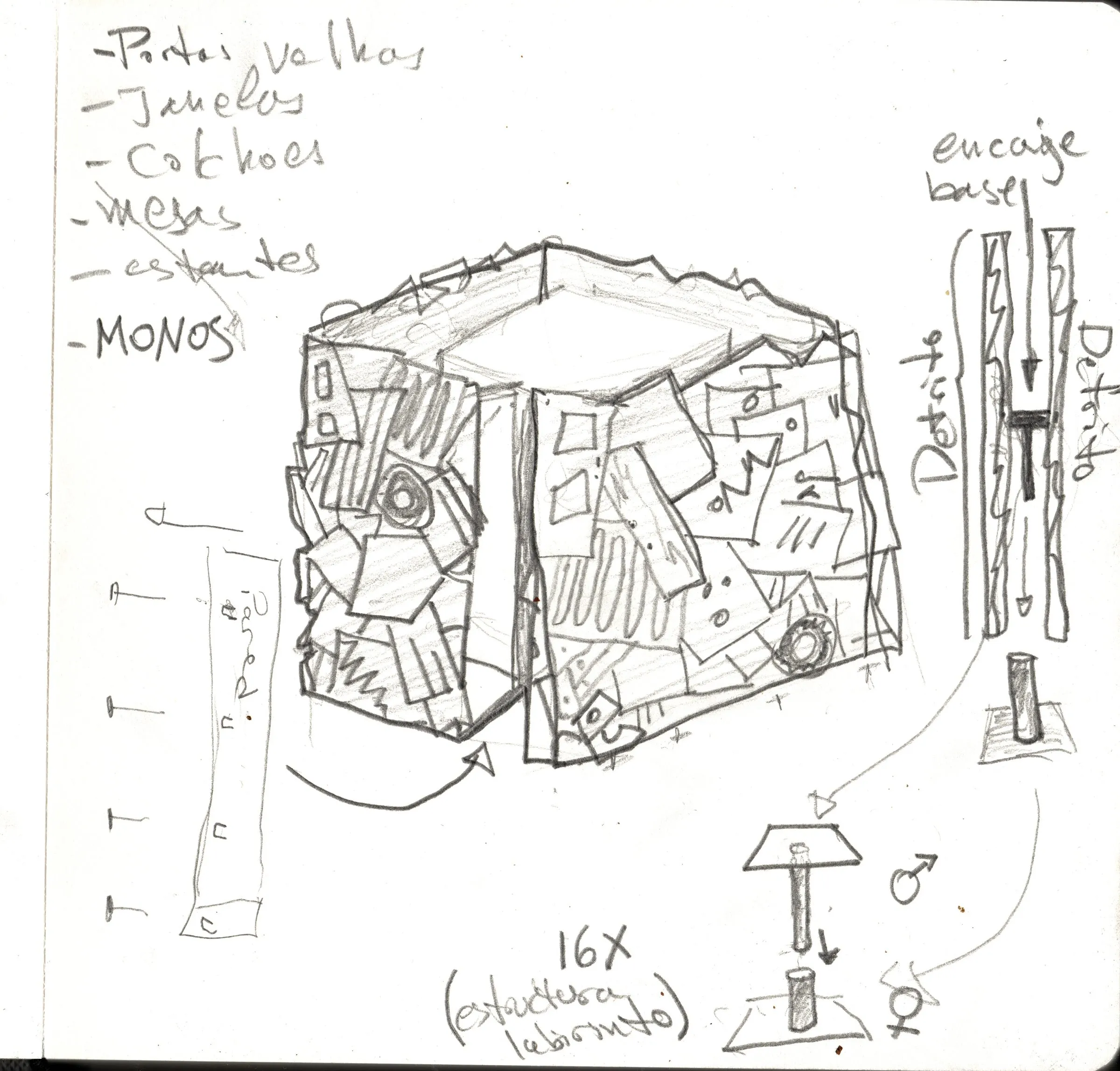 Coro Interno — hand-drawn sketch of the exterior cube clad in black-painted scrap
